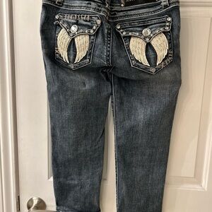 Blue Ankle Cropped Jeans with Rhinestone Embellishments